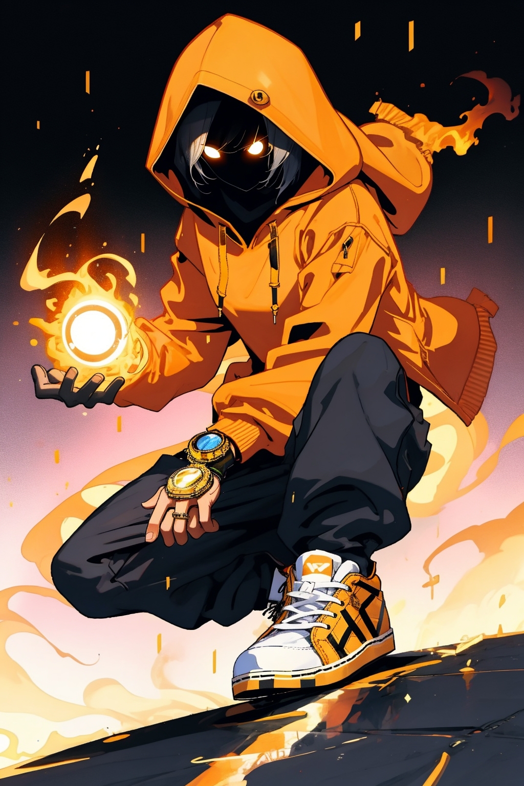 05185-357117618-a magician in an orange hoodie casting a fireball,gold in the background,cool shoes,hidden face, ,.jpg